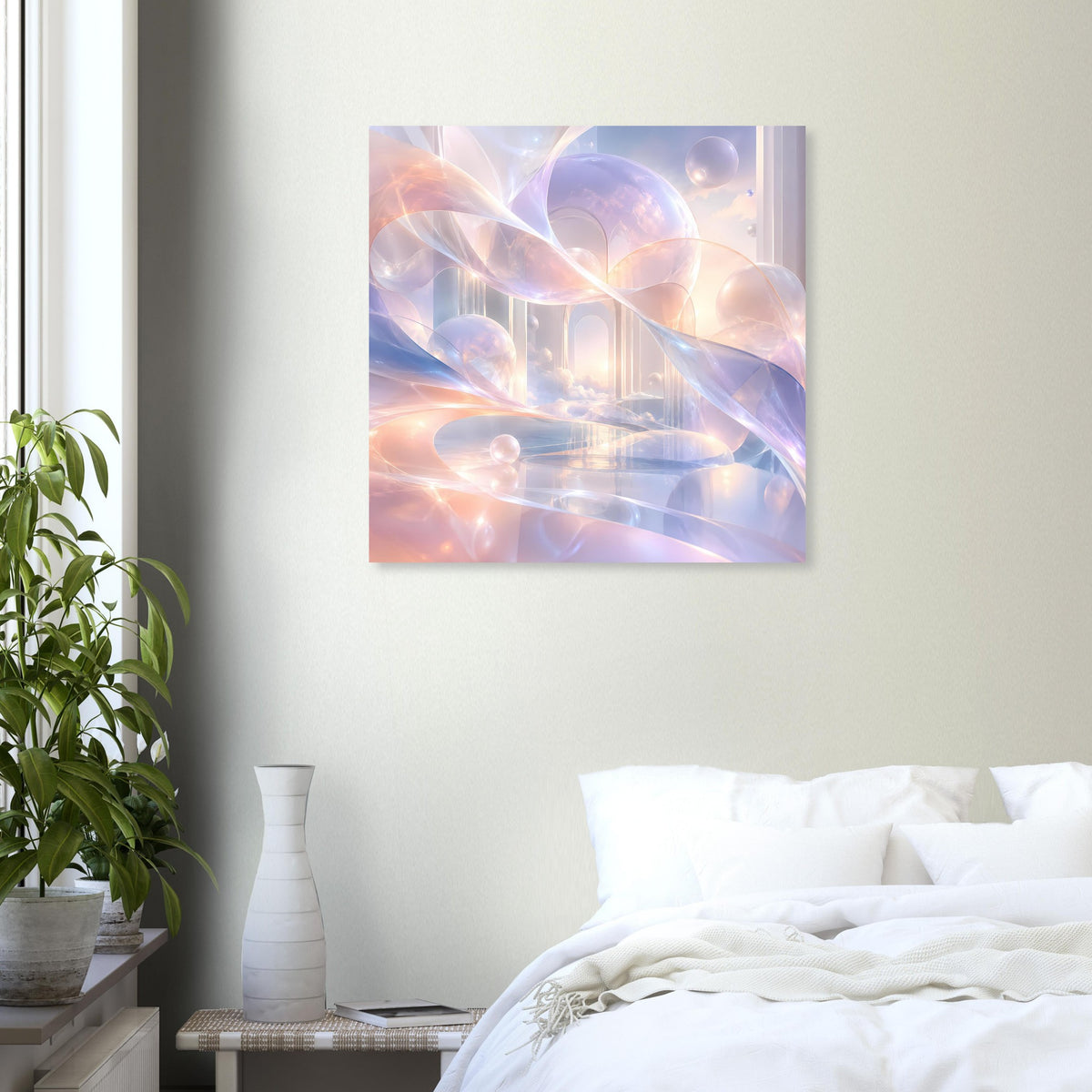 Quadratischer Kunstdruck: abstrakte Pastellfarben mit schimmernden Formen und geschwungenen Linien