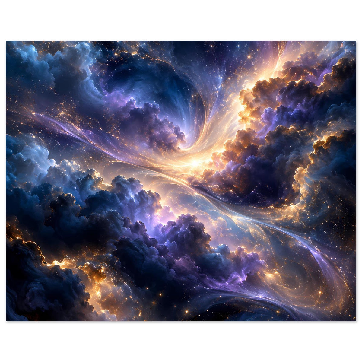 Galaxieposter im Querformat mit farbigen Nebeln, Sternen und Lichtbogen