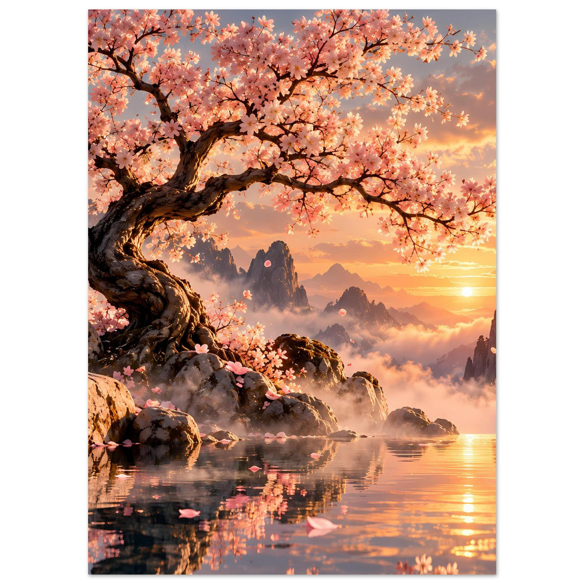 Posteransicht: blühender Kirschbaum über Felsen am See, neblige Landschaft bei Sonnenuntergang