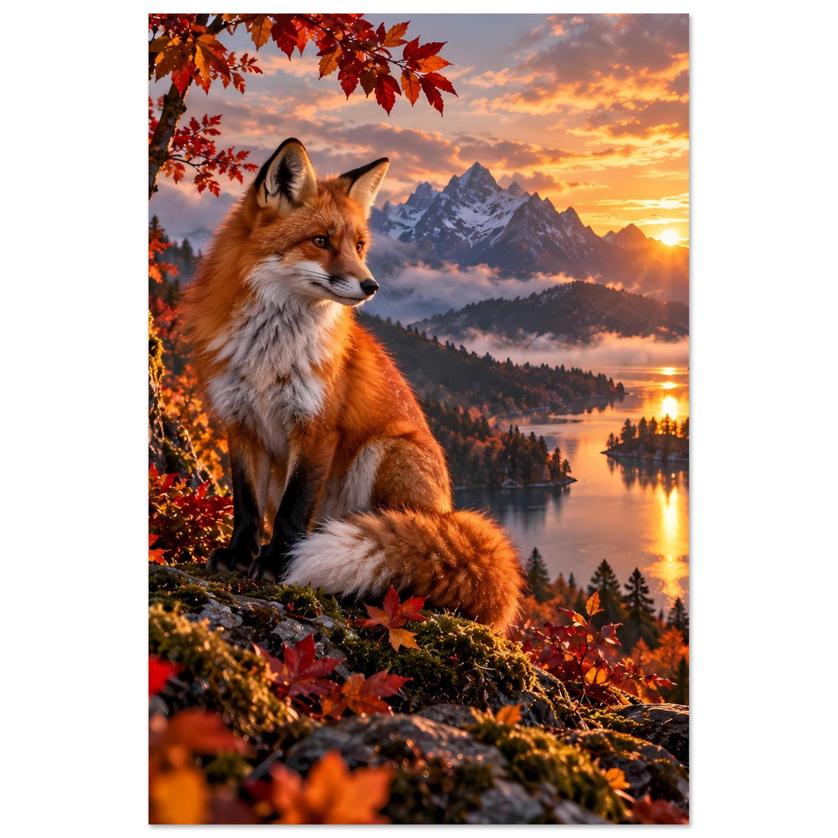 Poster mit Fuchs im Herbstwald: orangefarbene Blätter, Sonnenuntergang über See und Berge