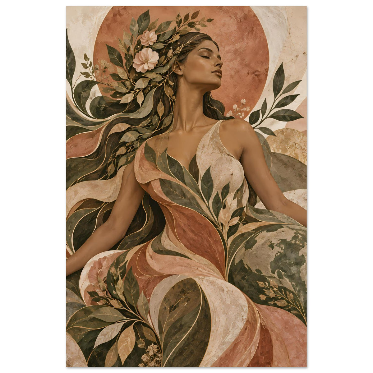 Vertikales Kunst-Poster mit Frauenporträt und floralen Ranken in warmen Erdtönen