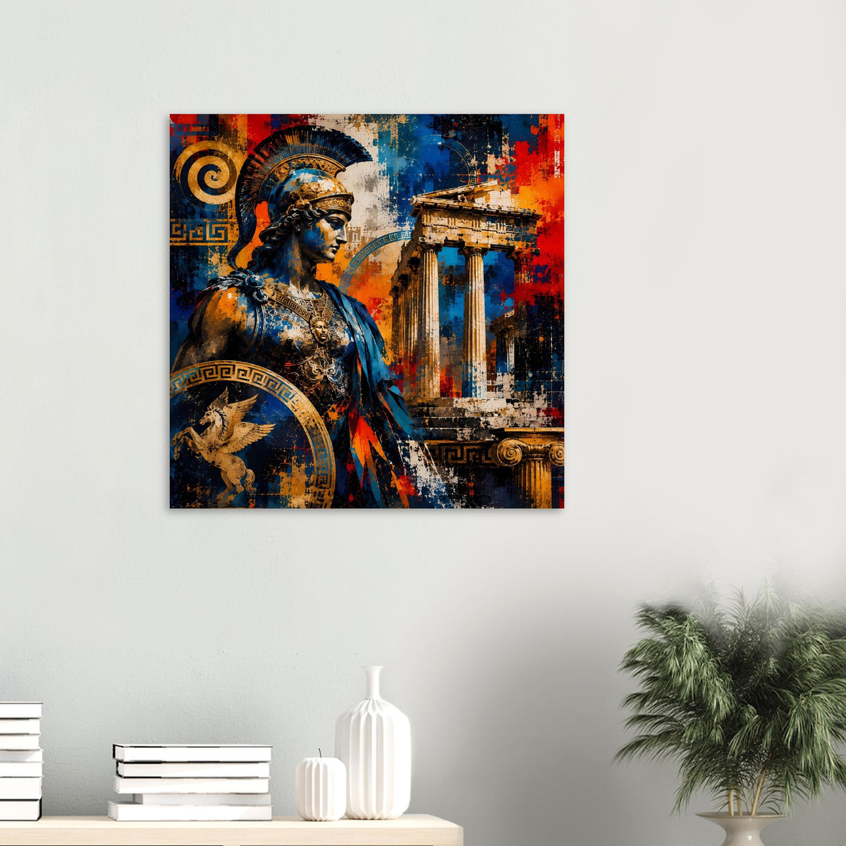 Kleines Poster: griechischer Krieger mit Helm und Säulen im Hintergrund