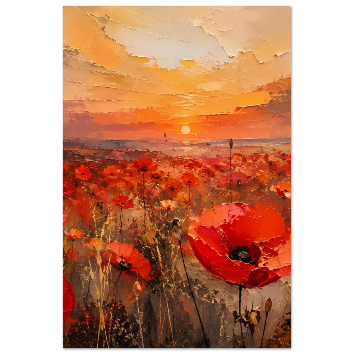 Vertikales Poster mit roten Mohnblumen, wolkigen Farbschichten und Sonne