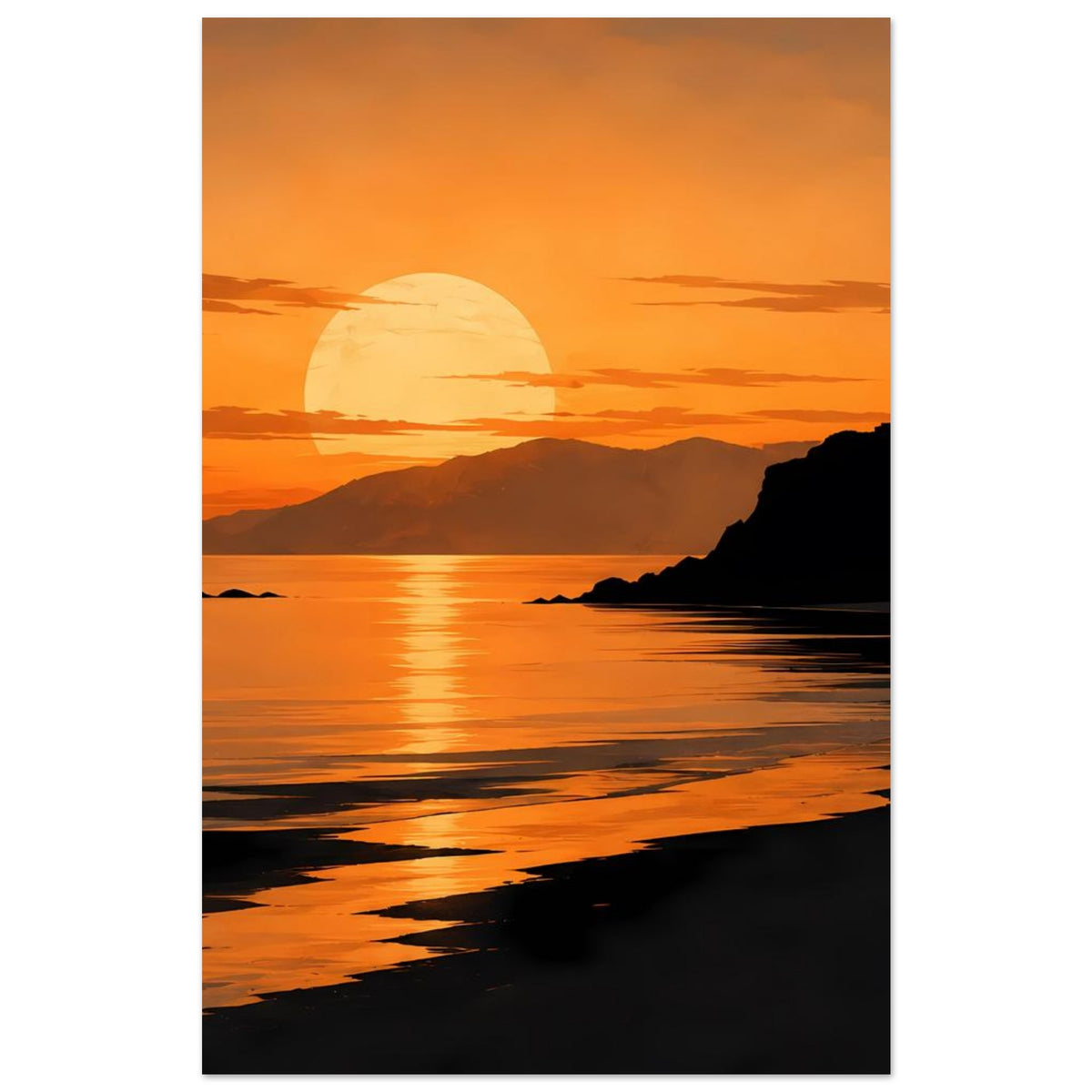 Küstenposter im Hochformat mit Sonnenuntergang, Meerreflexen und dunklem Strand