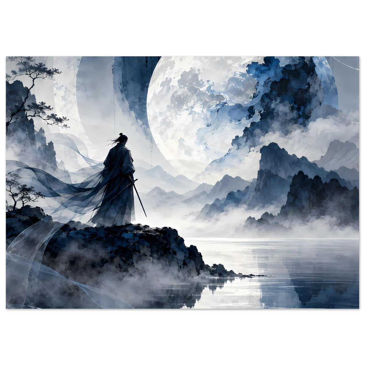 Mattes Poster, horizontales Motiv: Samurai-Silhouette vor Mond über nebligen Bergen und spiegelndem Wasser.