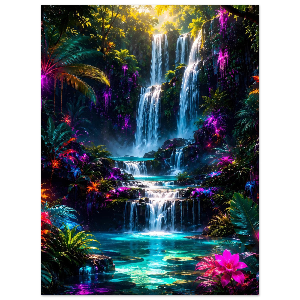 Vertikales Poster: tropische Wasserfälle mit türkisblauen Strömen und neonfarbenen Pflanzen