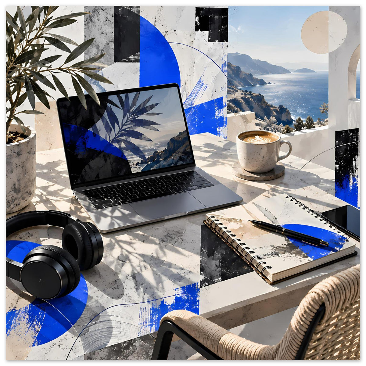 Küstenposter mit blauem Abstractmotiv, Meer- und Bergblick, Laptop, Tasse und Accessoires