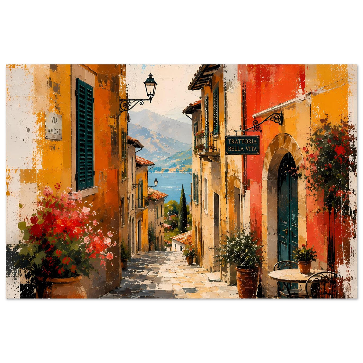 Mediterranes Wandposter mit Gassenansicht, orange und rot gestrichenen Fassaden, Fensterläden, Pflanzen