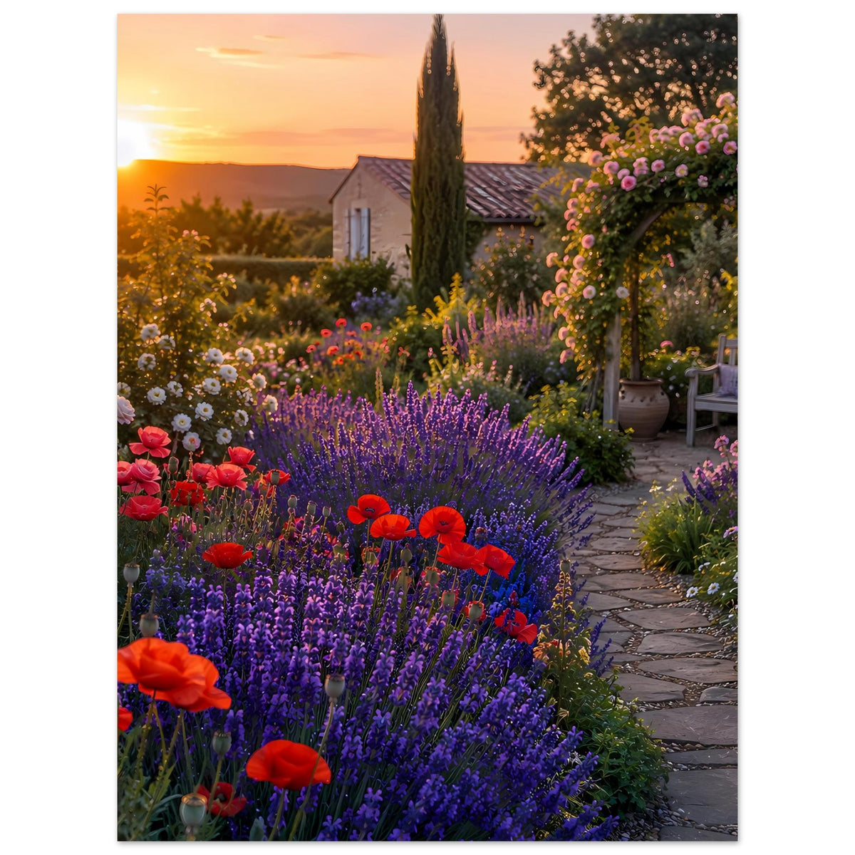 Poster im Hochformat: Lavendelhecke, bunte Blüten und Steg über den Gartenweg
