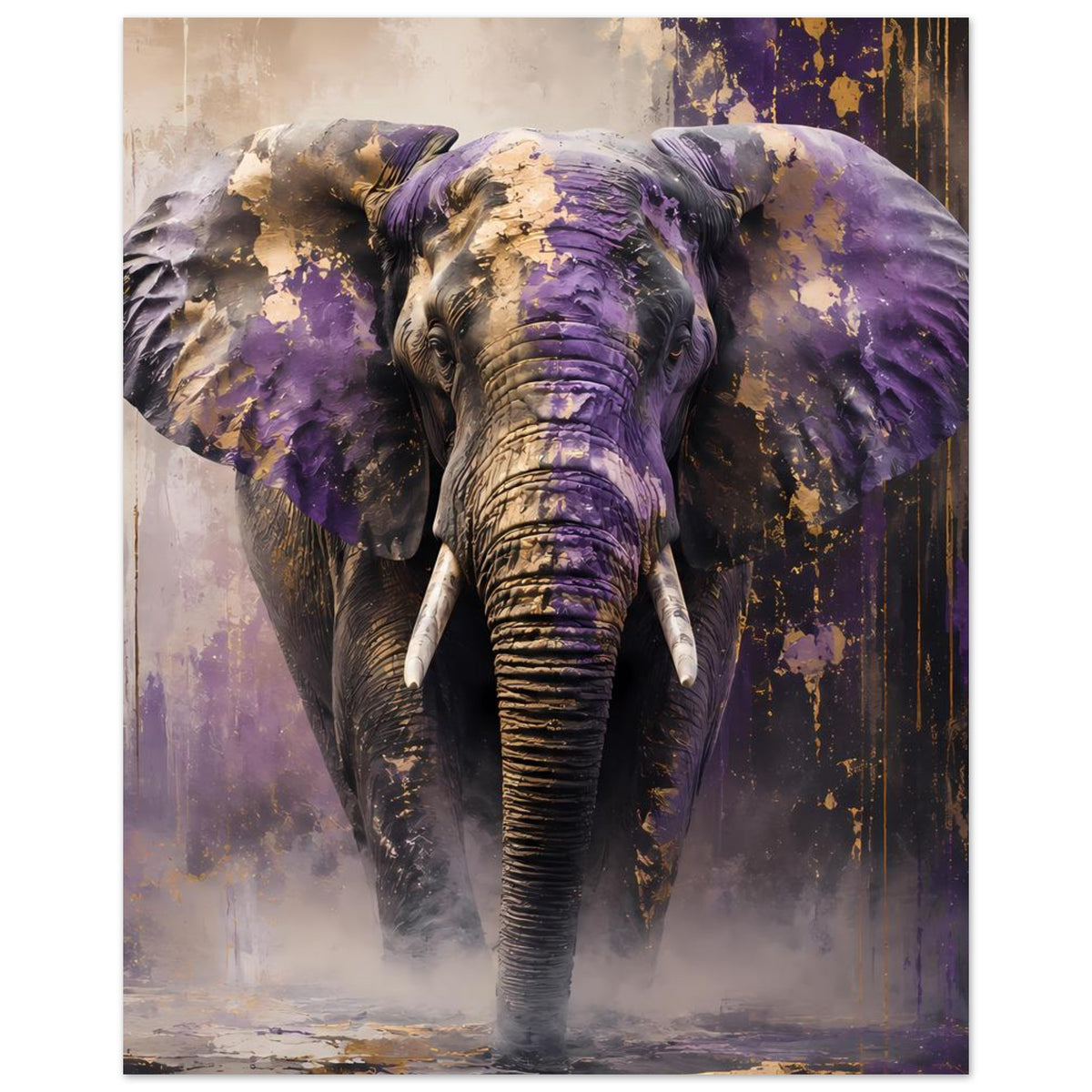 Tierposter Elefant in Violett und Gold, zentrale Vorderansicht mit Rüssel und Brust