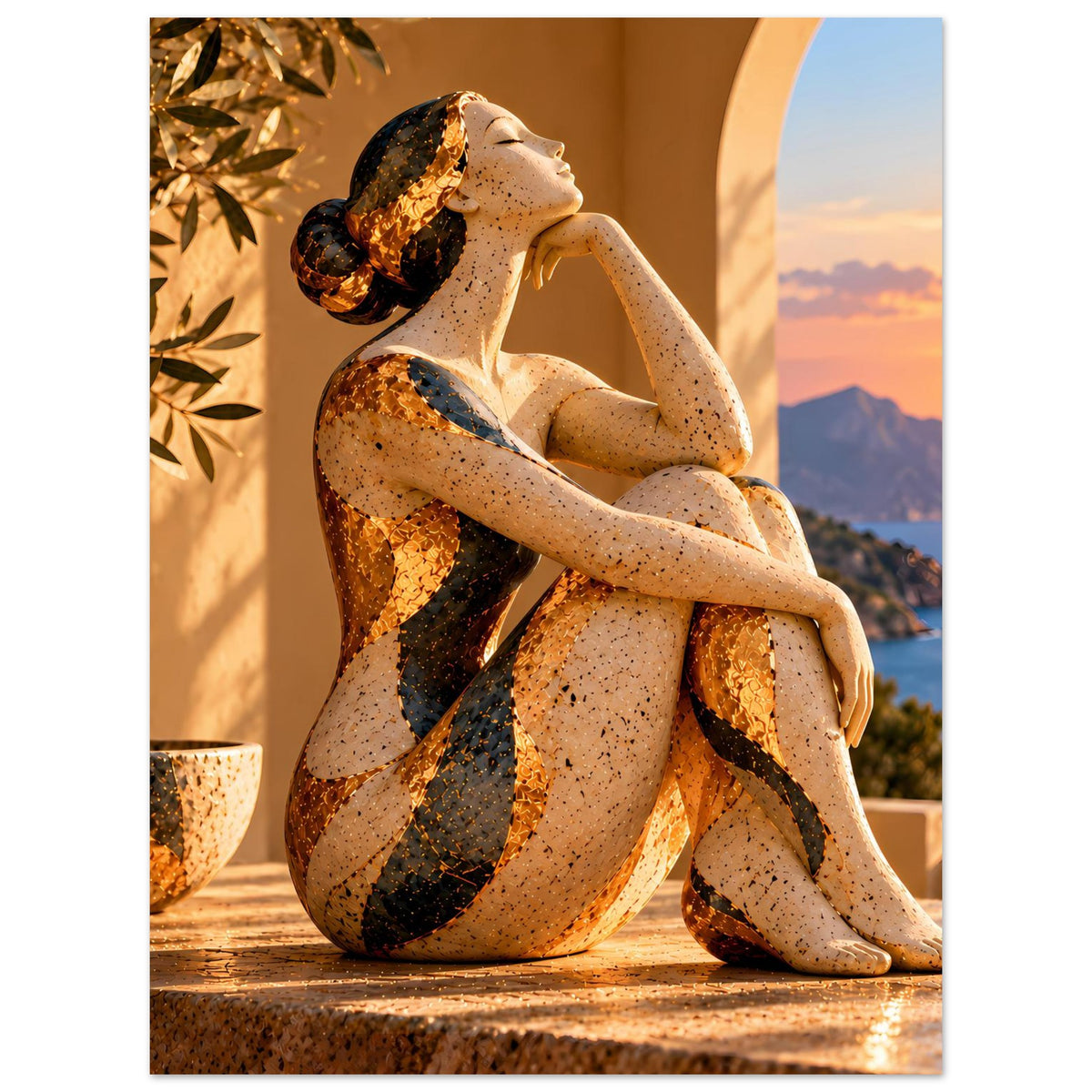 Poster mit sitzender Bronzefigur, Punktmuster und ovale Formen, Küstenlinie am Rand