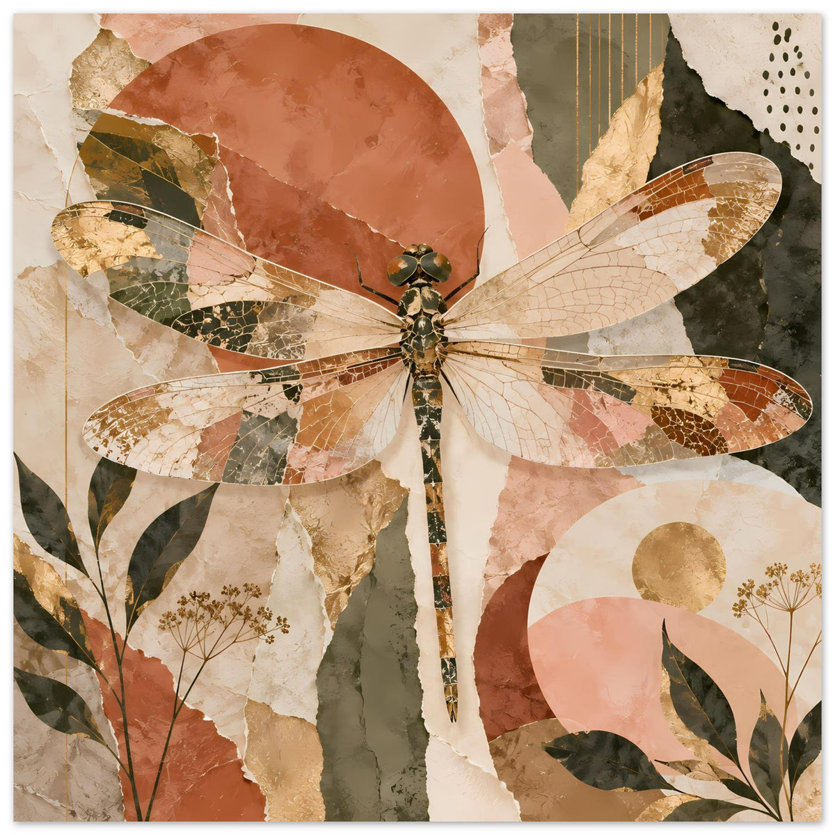 Boho-Drachenfliegenposter im Querformat: Libelle mit Flügeln, Blättern und abstrakten Kreisen.