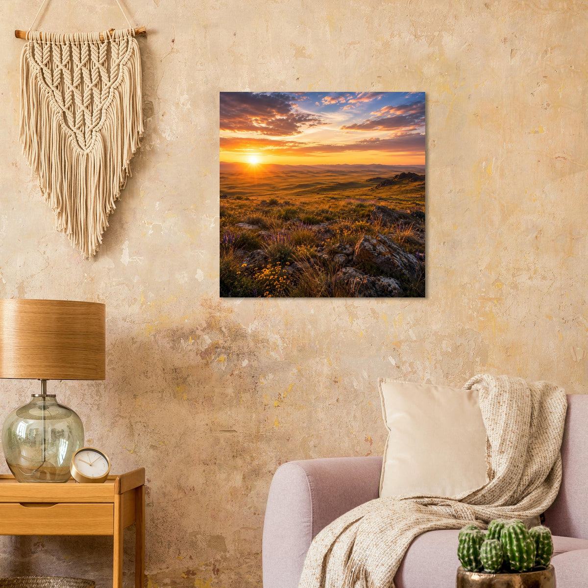 Poster mit Sonnenuntergang über Gras- und Dünenlandschaft, im schwarzen Rahmen