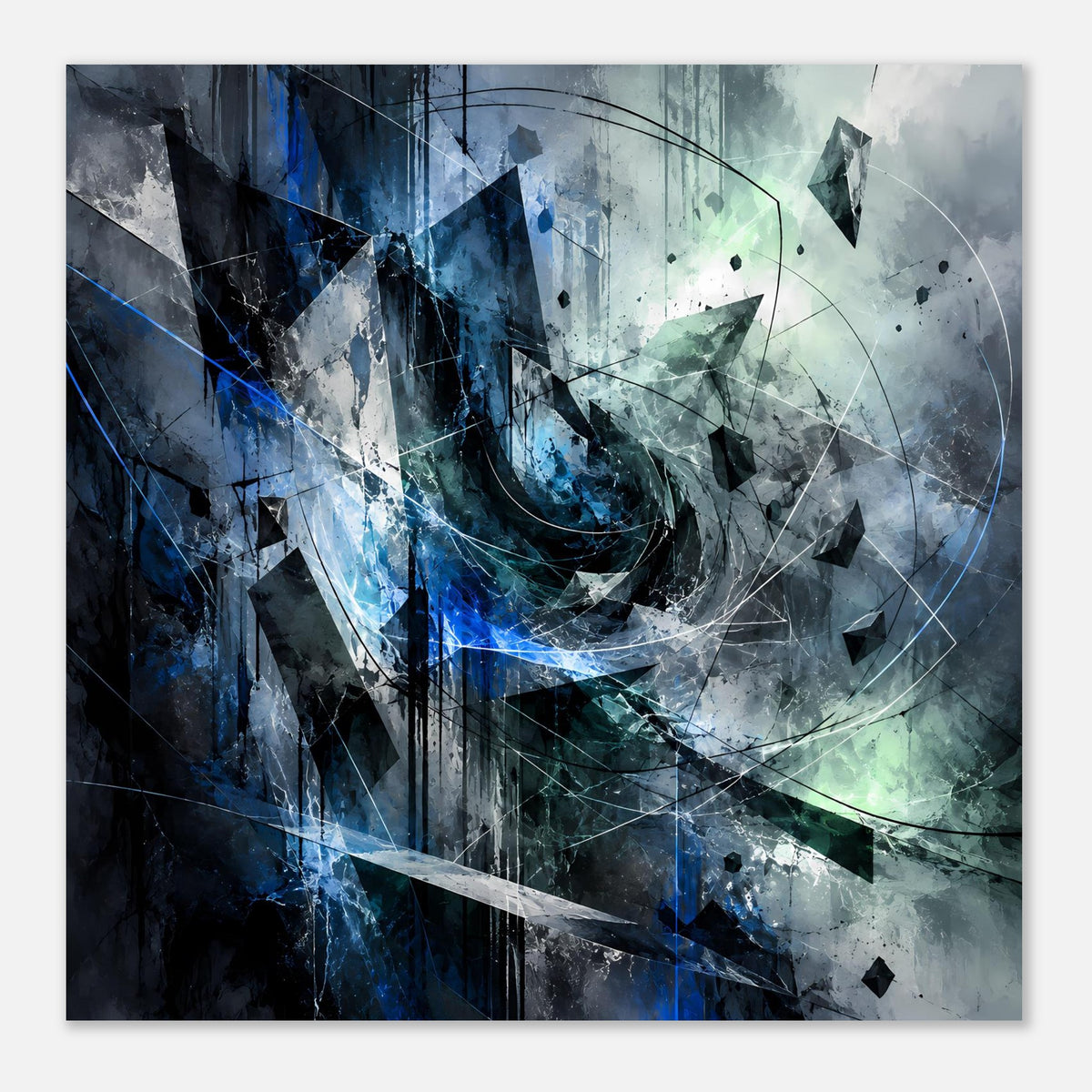 Abstraktes Kunstposter mit blauem und grünem Motiv, Kreislinien und kleinen Sprenkelpunkten