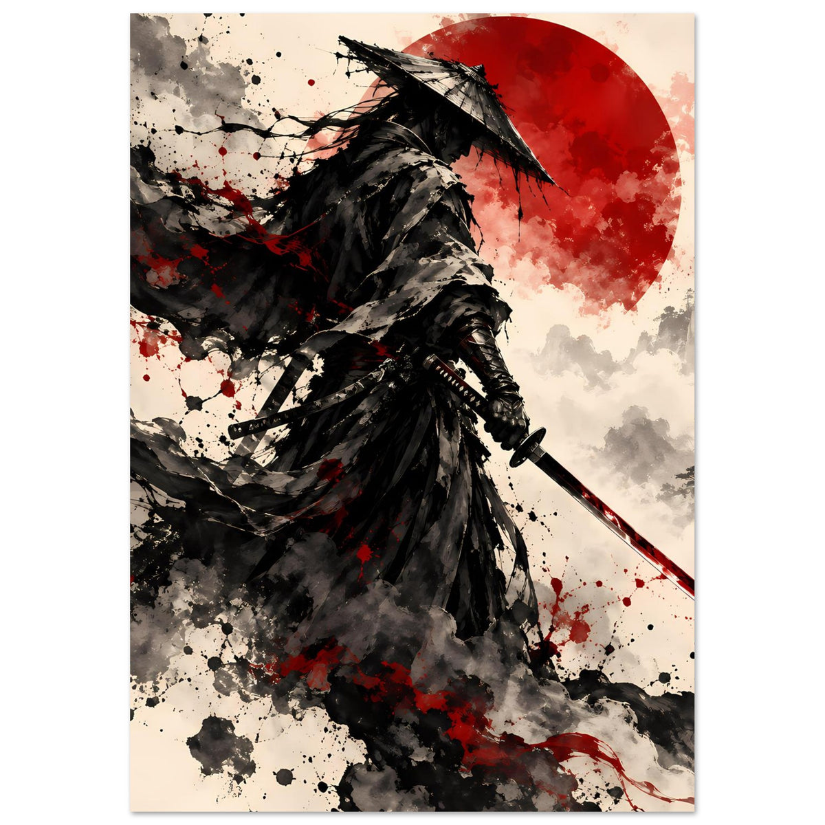 Samurai-Krieger-Poster mit Rüstung und Katana, rote Sonne im Hintergrund, hochformat