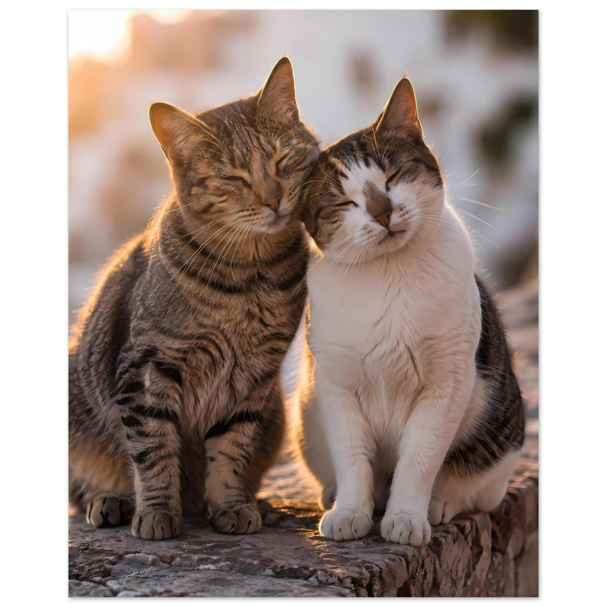 Poster: braun getigerte Katze und weiße Katze liegen aneinander, Blick nach vorn