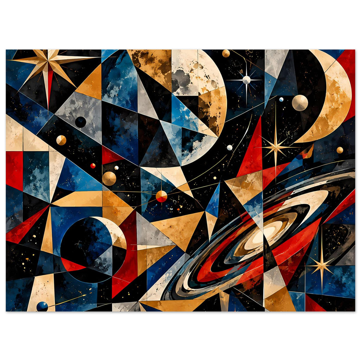 Weltraum-Poster mit abstrakter Geometrie, Planeten, Ringen und Sternen in Blau, Rot, Gold