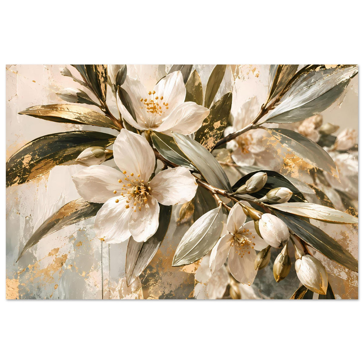 Blumenwandbild: weiße Blütenknospen, grüne Blätterzweige und goldene Highlights