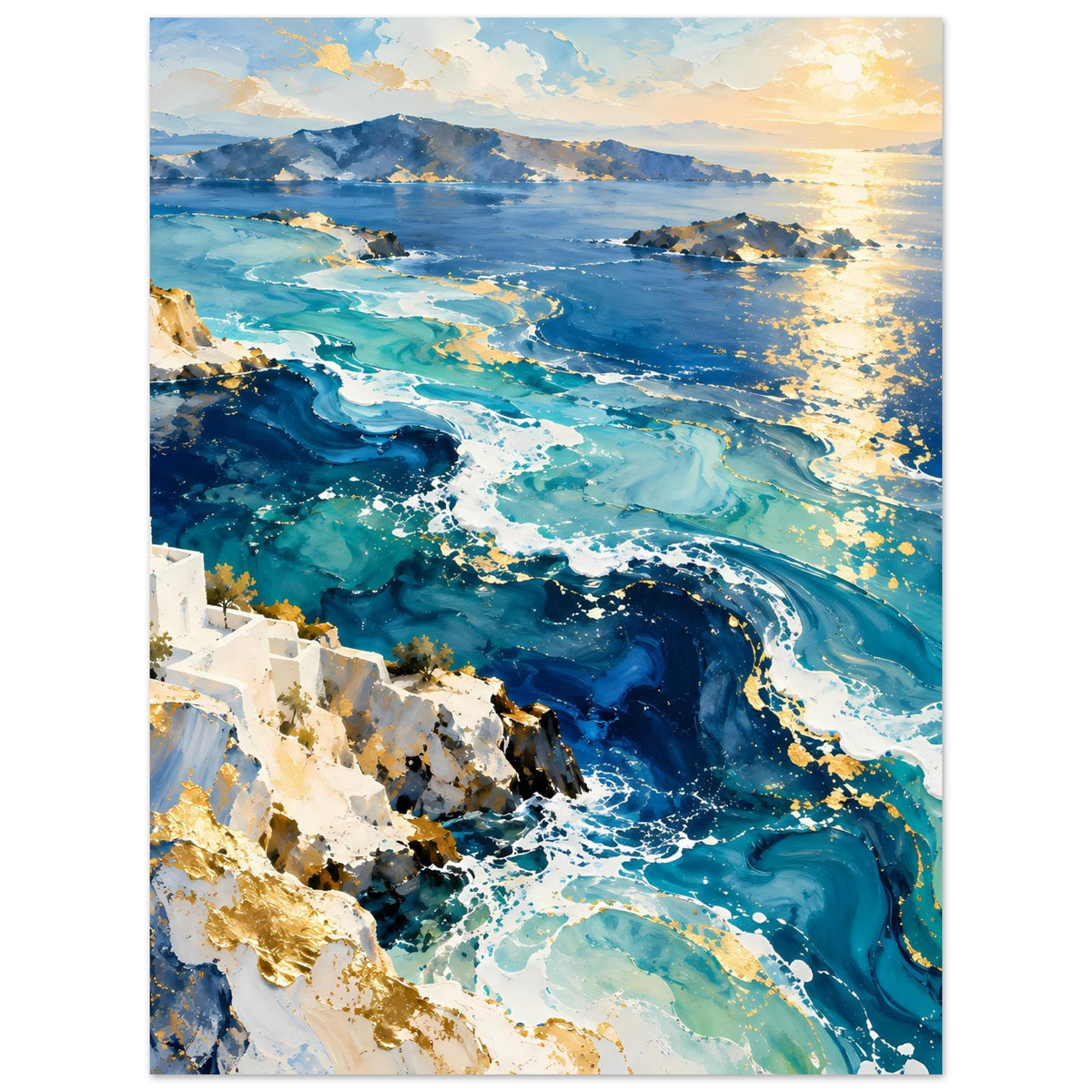 Poster mit türkisem Meer, Wellen und Küstenfelsen, Sonnenaufgangsstimmung