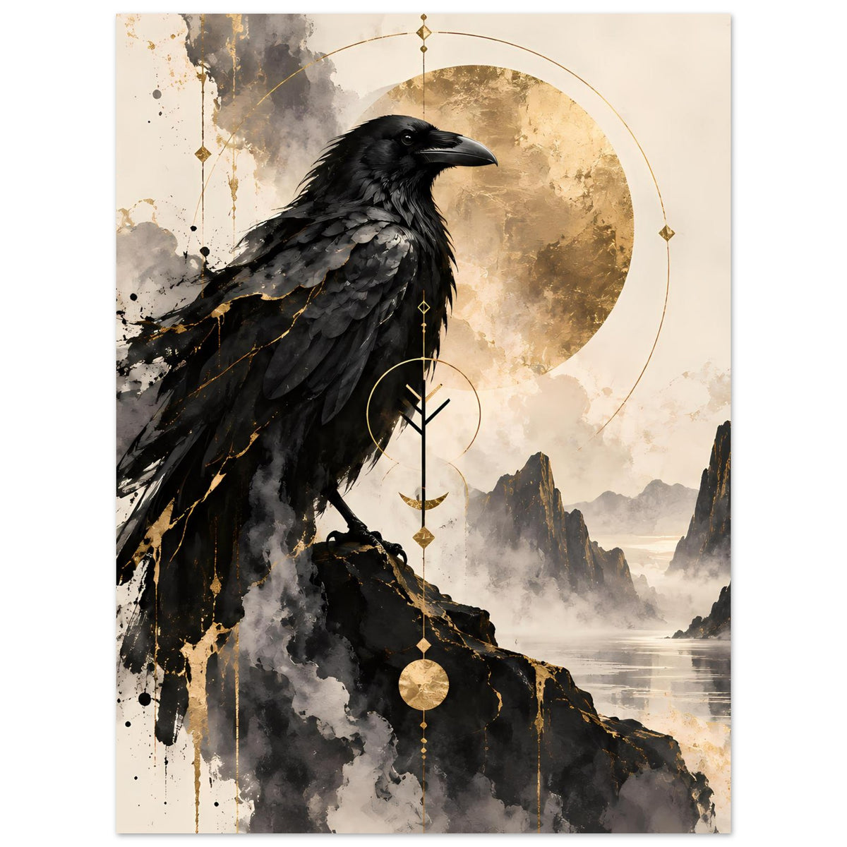 Schwarzer Rabe mit goldenen Verzierungen, Vogelkunst-Poster mit Mondkreis und Felsufer
