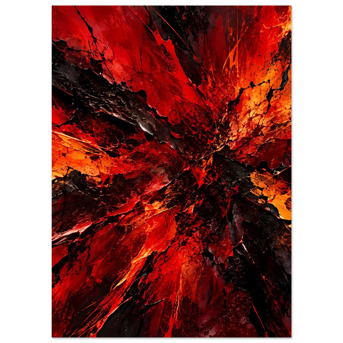 Hochformat-Poster mit roter Explosion aus dem Mittelpunkt, orange Highlights und schwarzen Rissen