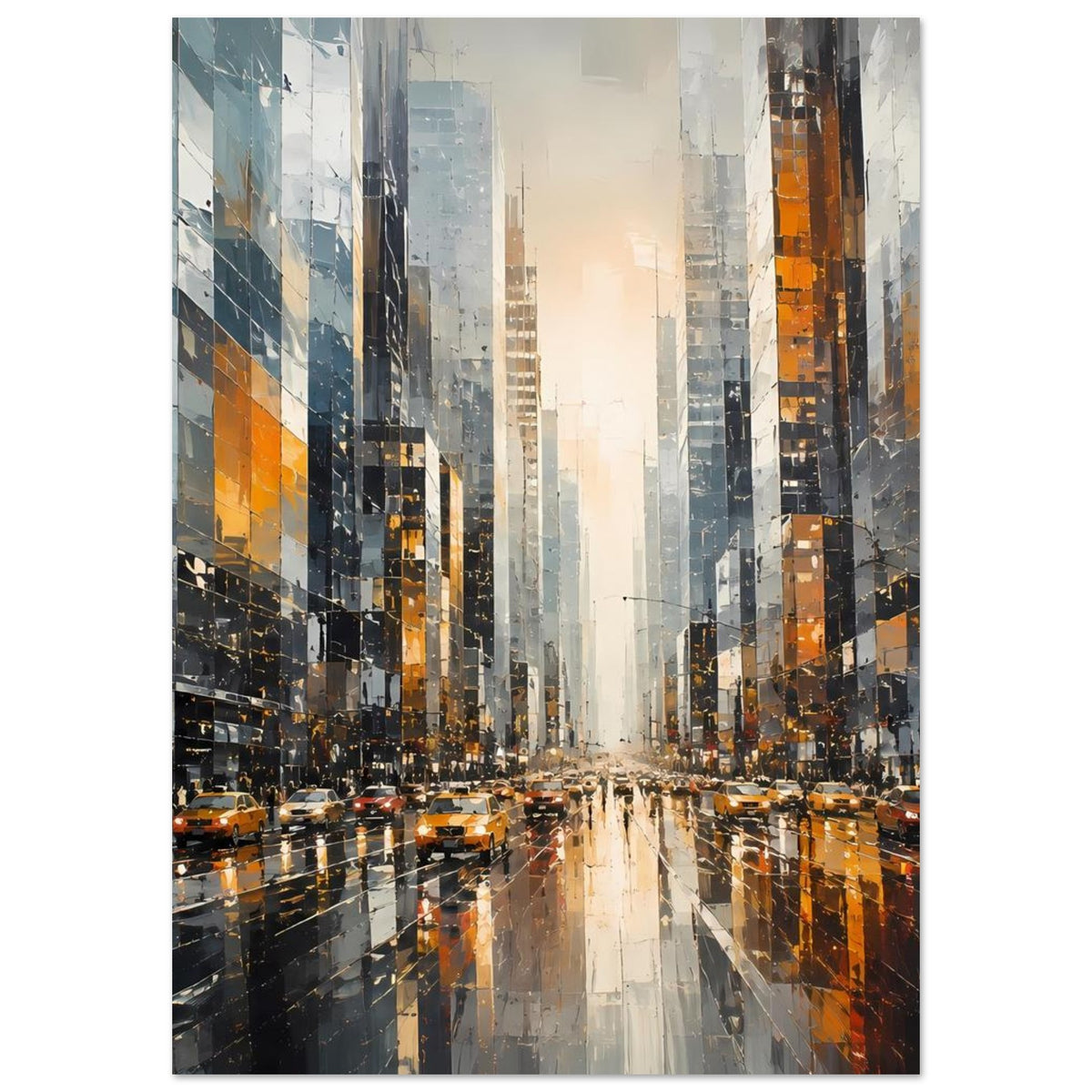 Großstadtstraßen-Poster mit gelben Taxis auf nasser Straße zwischen hohen Wolkenkratzern