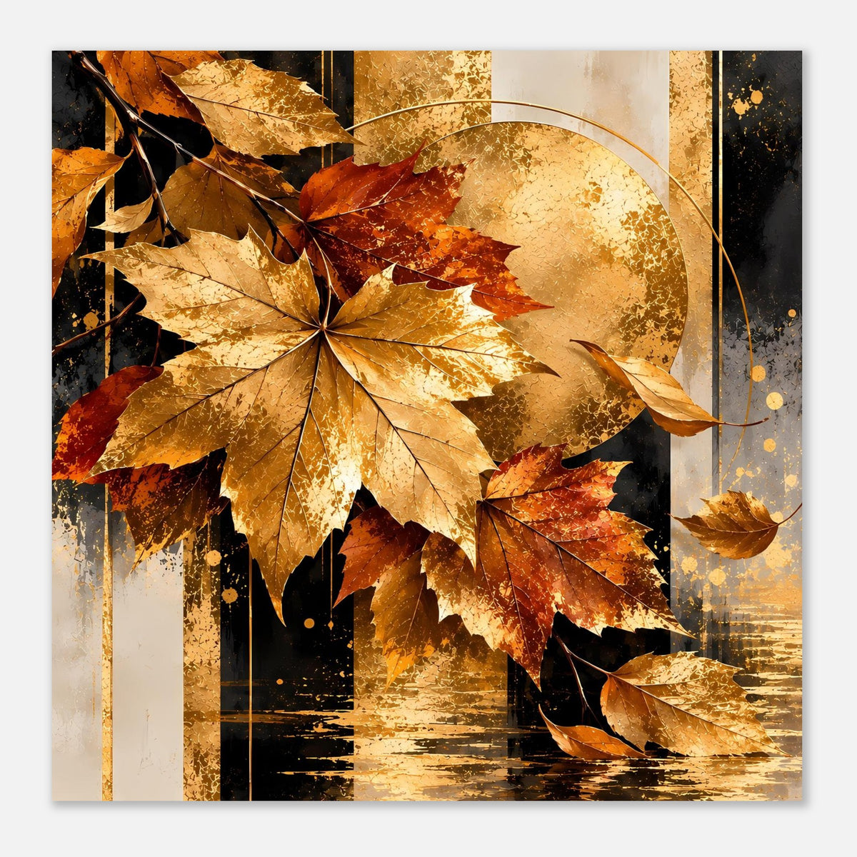 Nahansicht Herbstposter mit Ahornblatt in der Mitte und goldenem Sonnenkreis