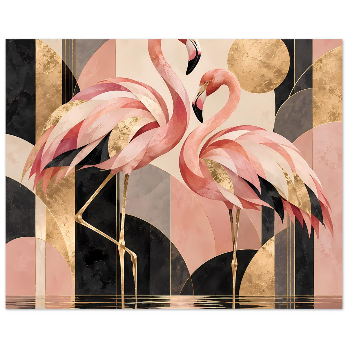 Zwei rosa Flamingos vor geometrischem Hintergrund mit Goldakzenten in Schwarz und Creme – Posteransicht 42