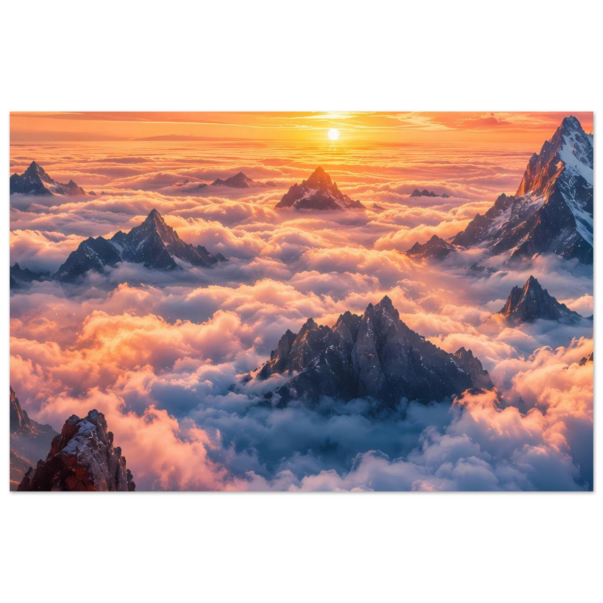 Poster im Querformat mit Sonnenaufgang über Bergen, leuchtende Wolken und türkisblauen Schatten