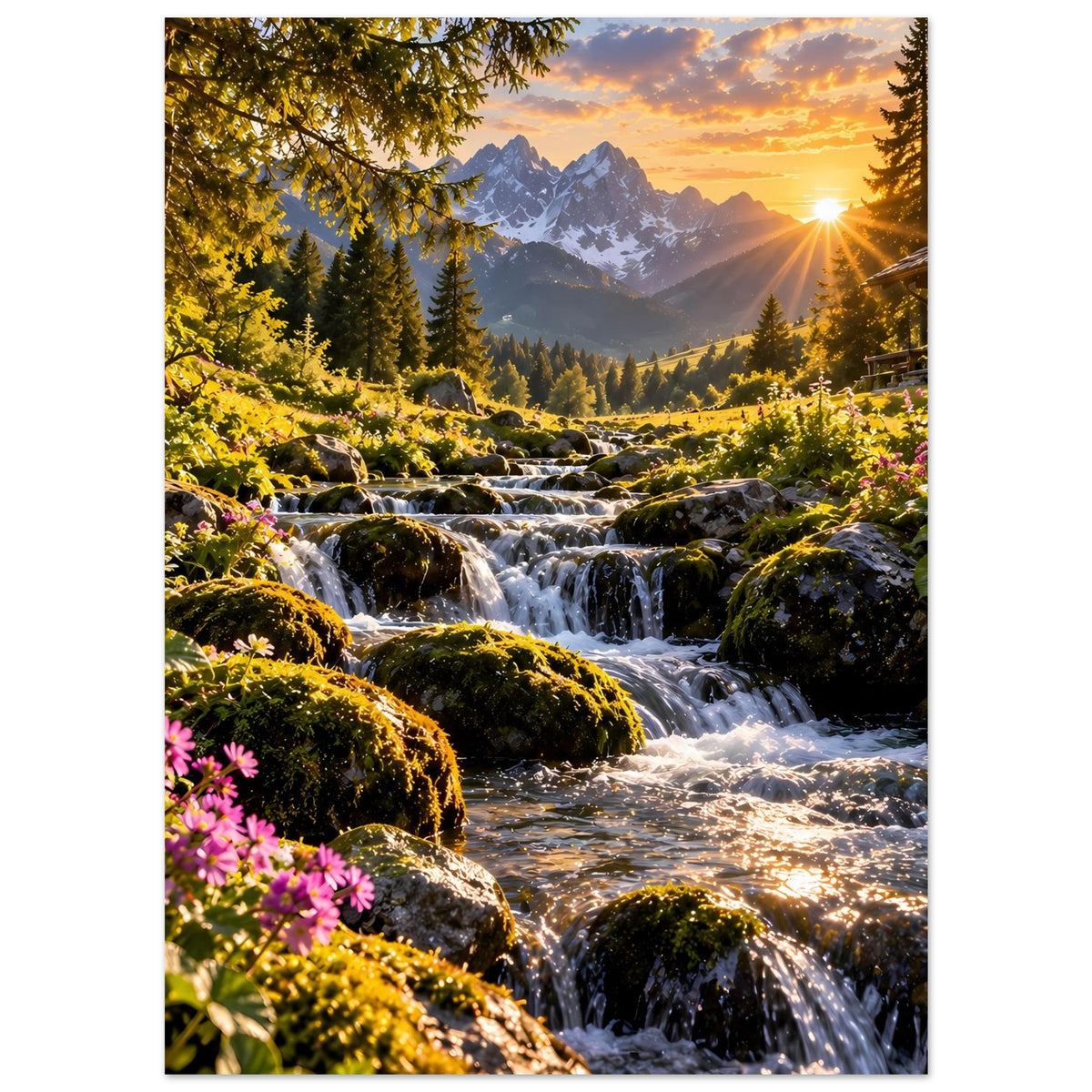 Landschaftsposter: Wasserfallstrom durch Steine, moosige Hügel, pinke Blüten, Sonnenlicht