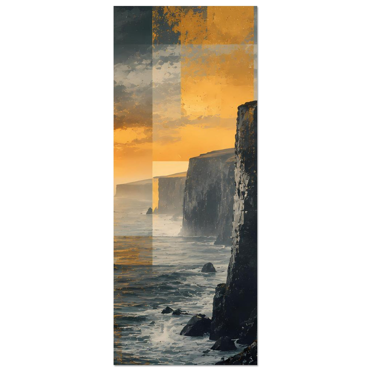 Hochformat-Poster mit Strandlinie, Sonnenuntergang und Felsklippe rechts