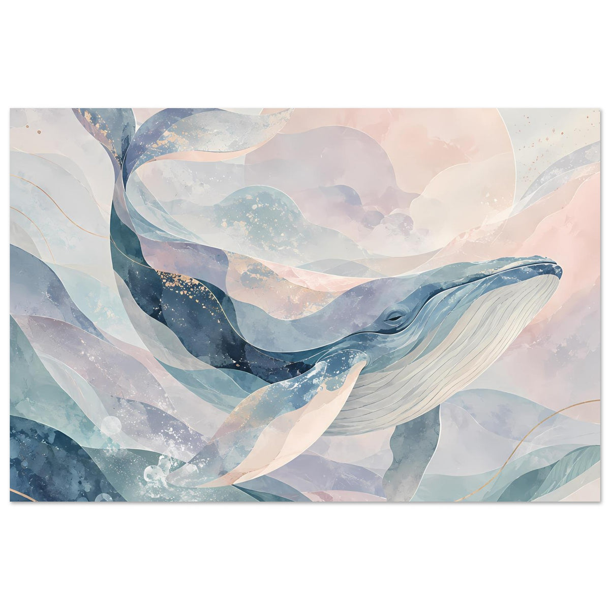 Wal-Kunstposter im Querformat: helle Pastellwolken, Blau- und Rosatöne, abstrakte Wellen