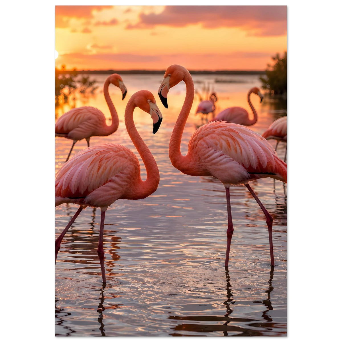 Poster mit Flamingos im Vordergrund am See bei Sonnenuntergang, vertikal