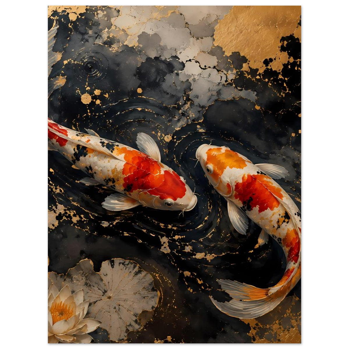 Poster mit zwei Koi-Fischen, schwarzes Wasser, goldene Wirbel, Seerose links unten