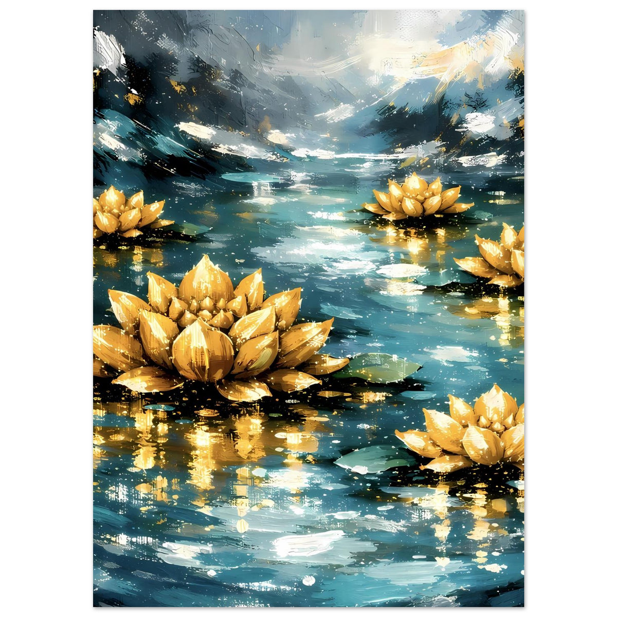 Kunstposter, vertikal: goldene Lotusblüten auf See mit hellen Wolken und Lichtgängen