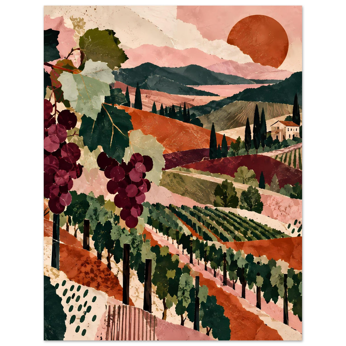 Weinreben-Landschaftsposter mit Weinbergen, Zypressen und Traubenmotiv