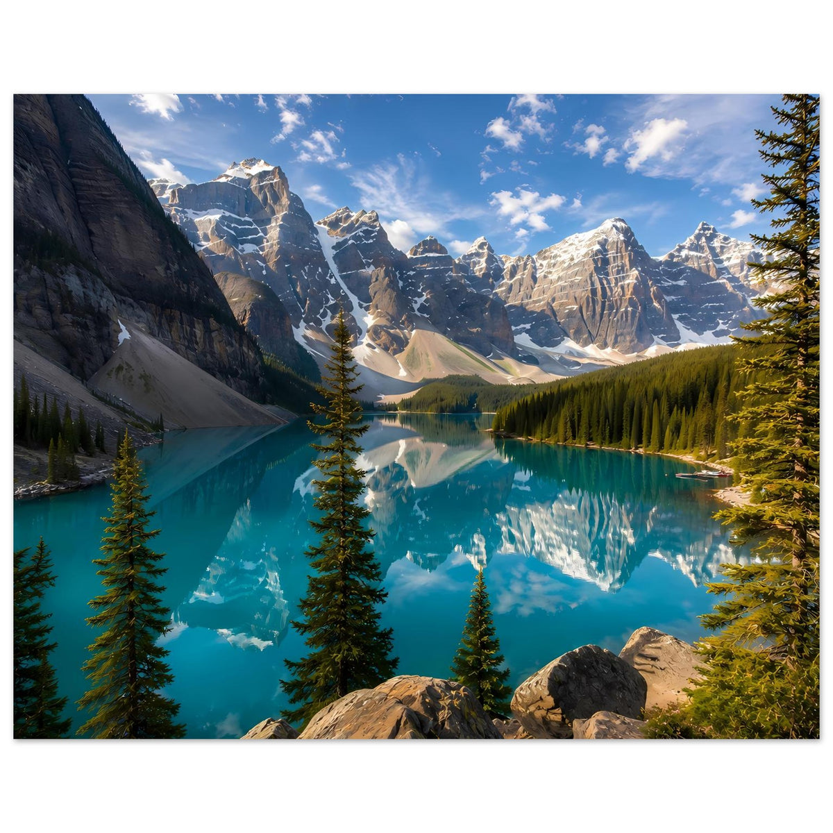 Querformat-Kunstdruck: türkisblauer See mit Bergspiegelung, Fichten entlang der Uferlinie.