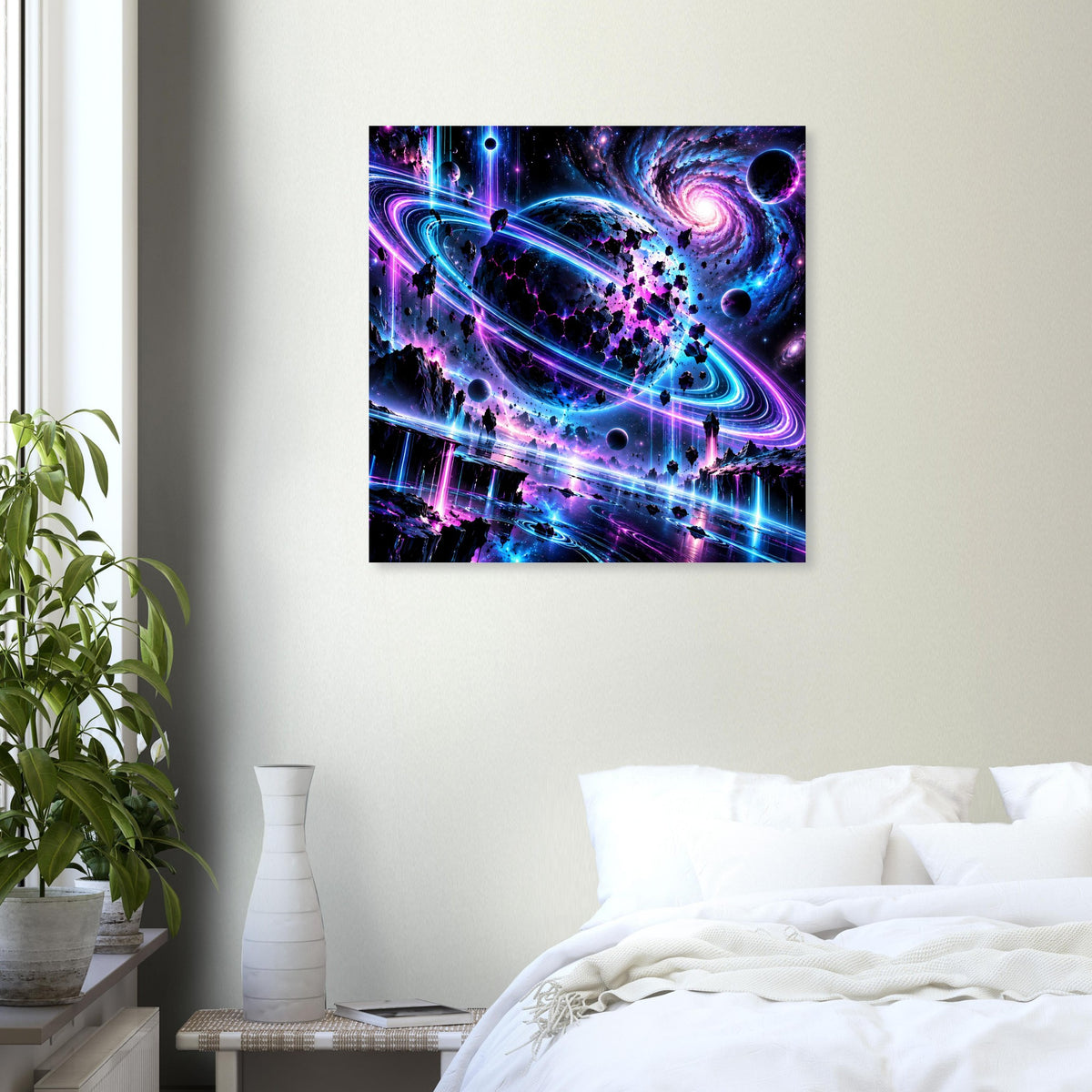 Quadratisches Wandposter mit leuchtendem Galaxy-Design aus Blau, Lila und Magenta