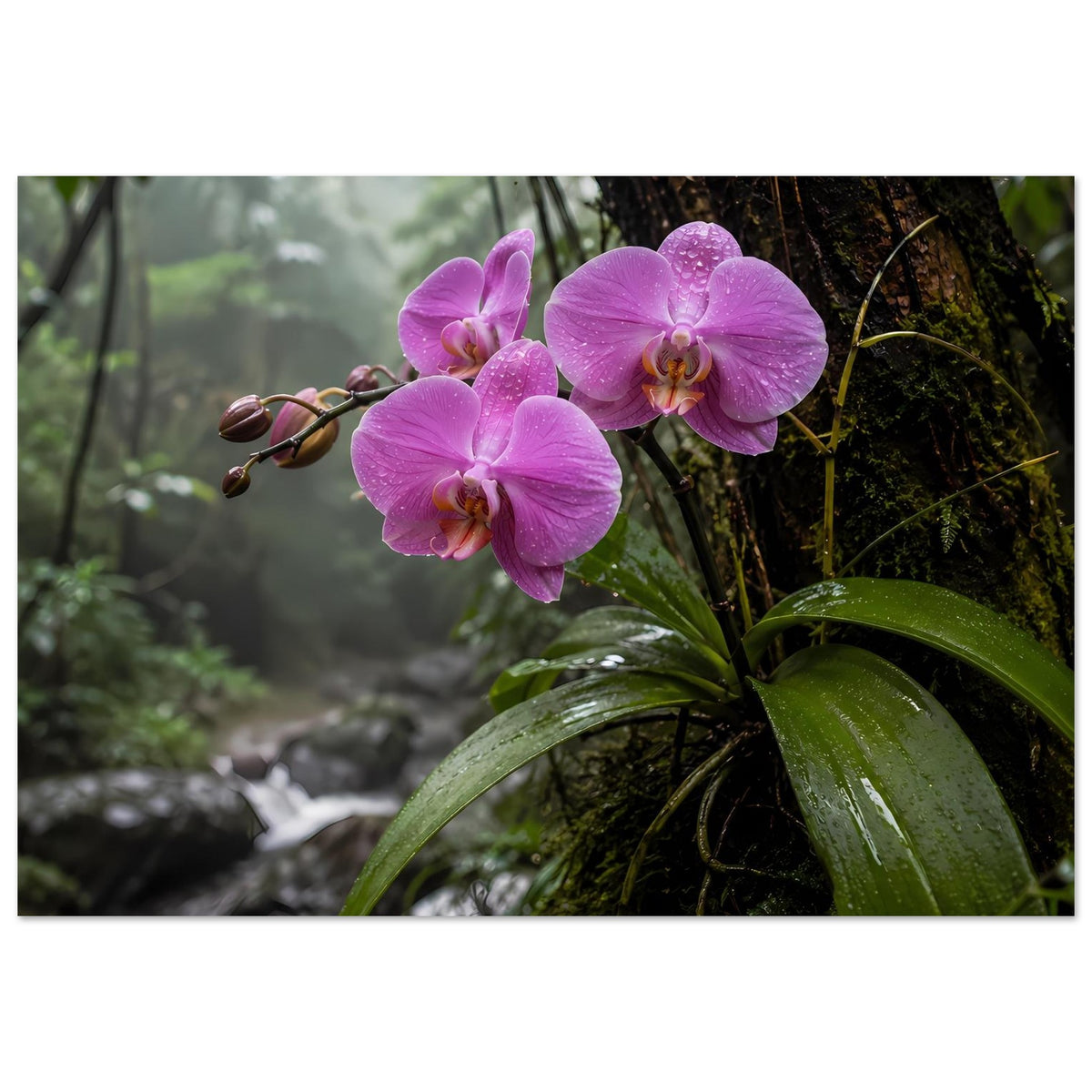 Wandposter mit rosafarbenen Orchideen und glänzenden grünen Blättern, Tropfen auf den Blüten