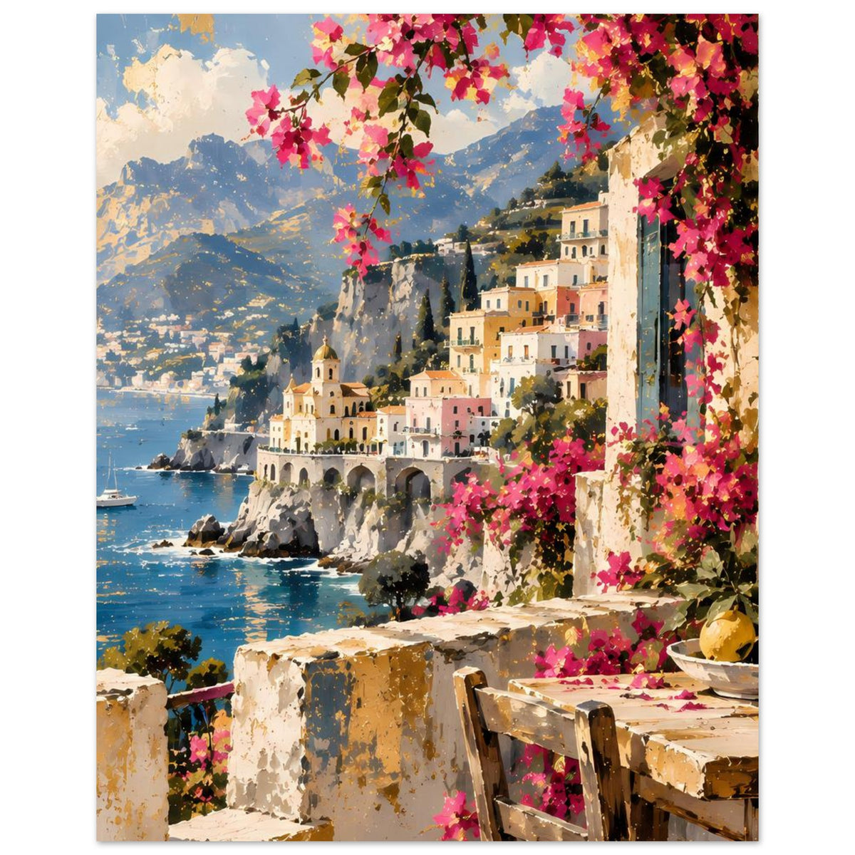 Mediterranes Küstenposter im Hochformat: Dorf am Meer, rosa Blüten, Steinterrasse
