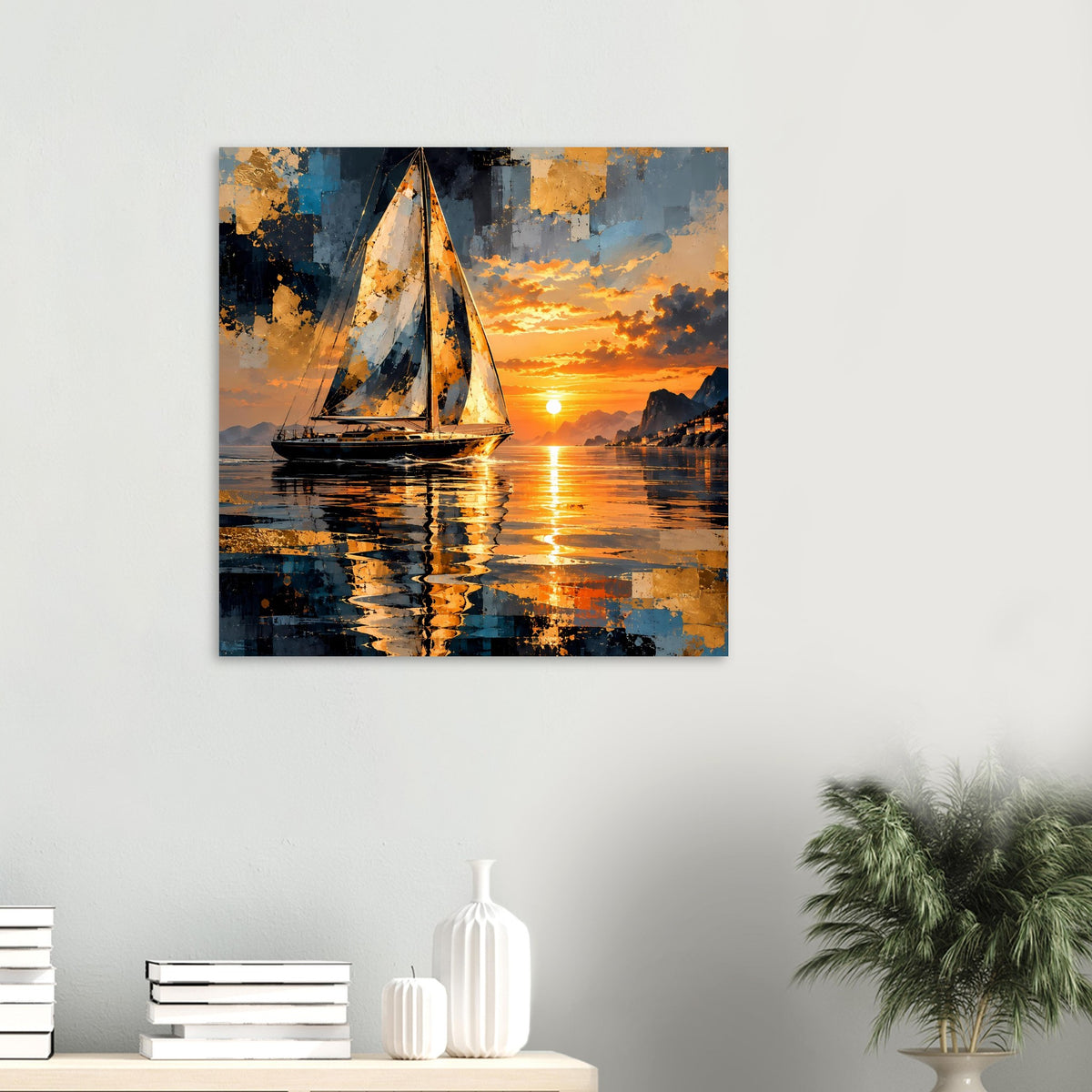 Quadratisches Poster mit abstraktem Segelboot bei Sonnenuntergang und Spiegelung im Wasser