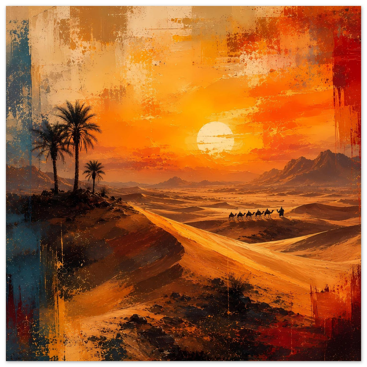 Wüstenposter (quadratisch wirkend) mit Palmen, Karawane und goldenem Sonnenuntergang