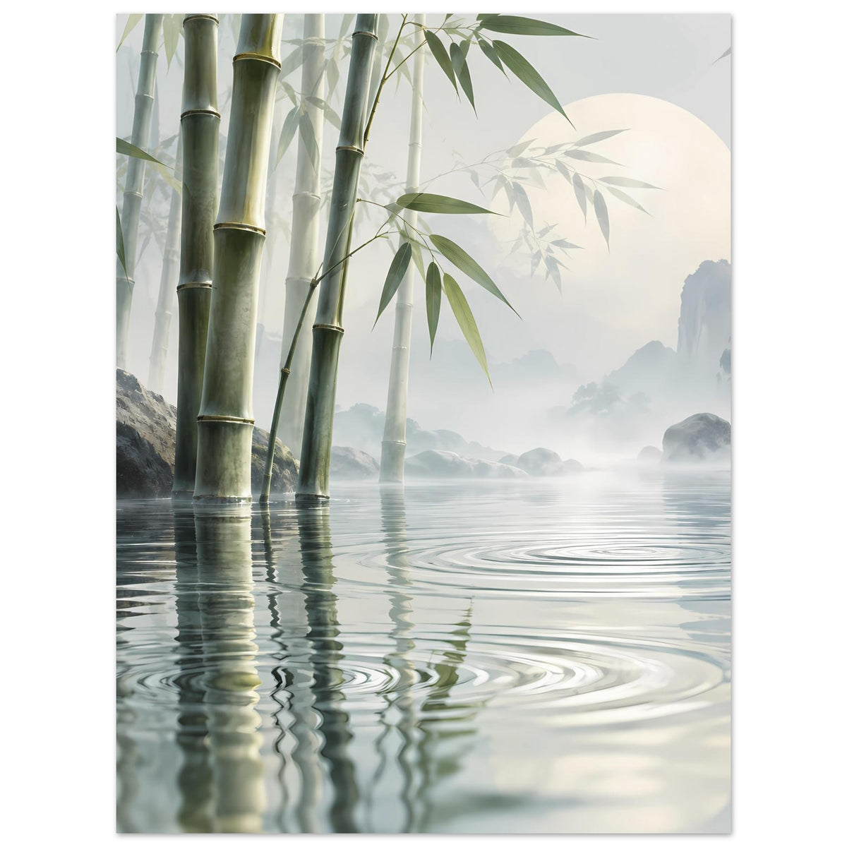 Bambus-Reflexionsposter mit Schilf, weichem Dunst und spiegelnden Wasserwellen