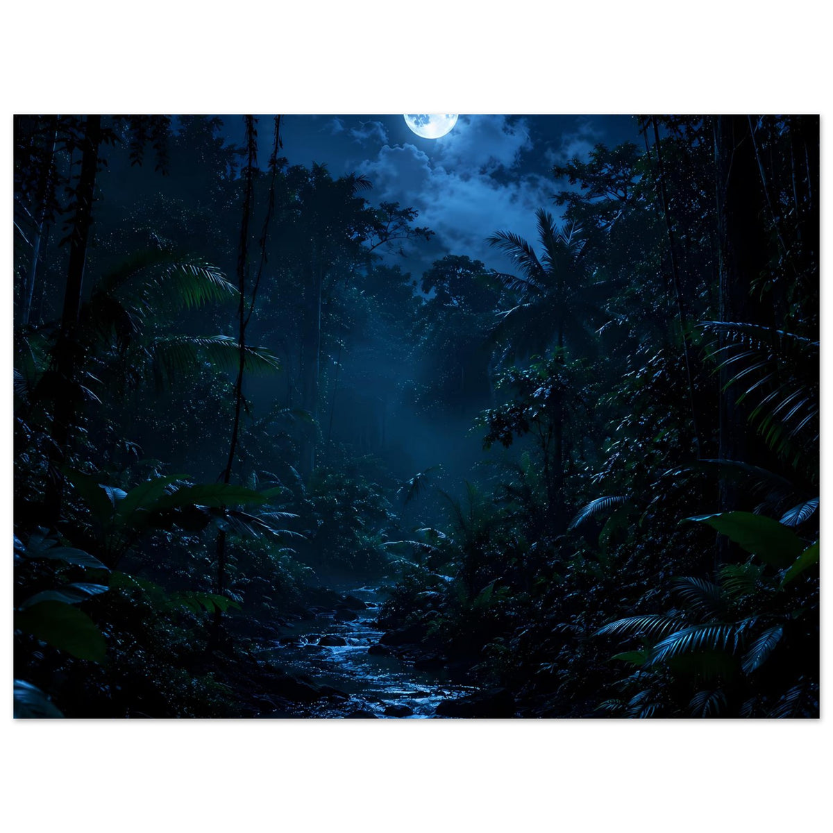 Poster zeigt tiefe Dschungelvegetation, Mond am Himmel und schimmerndes Bachufer