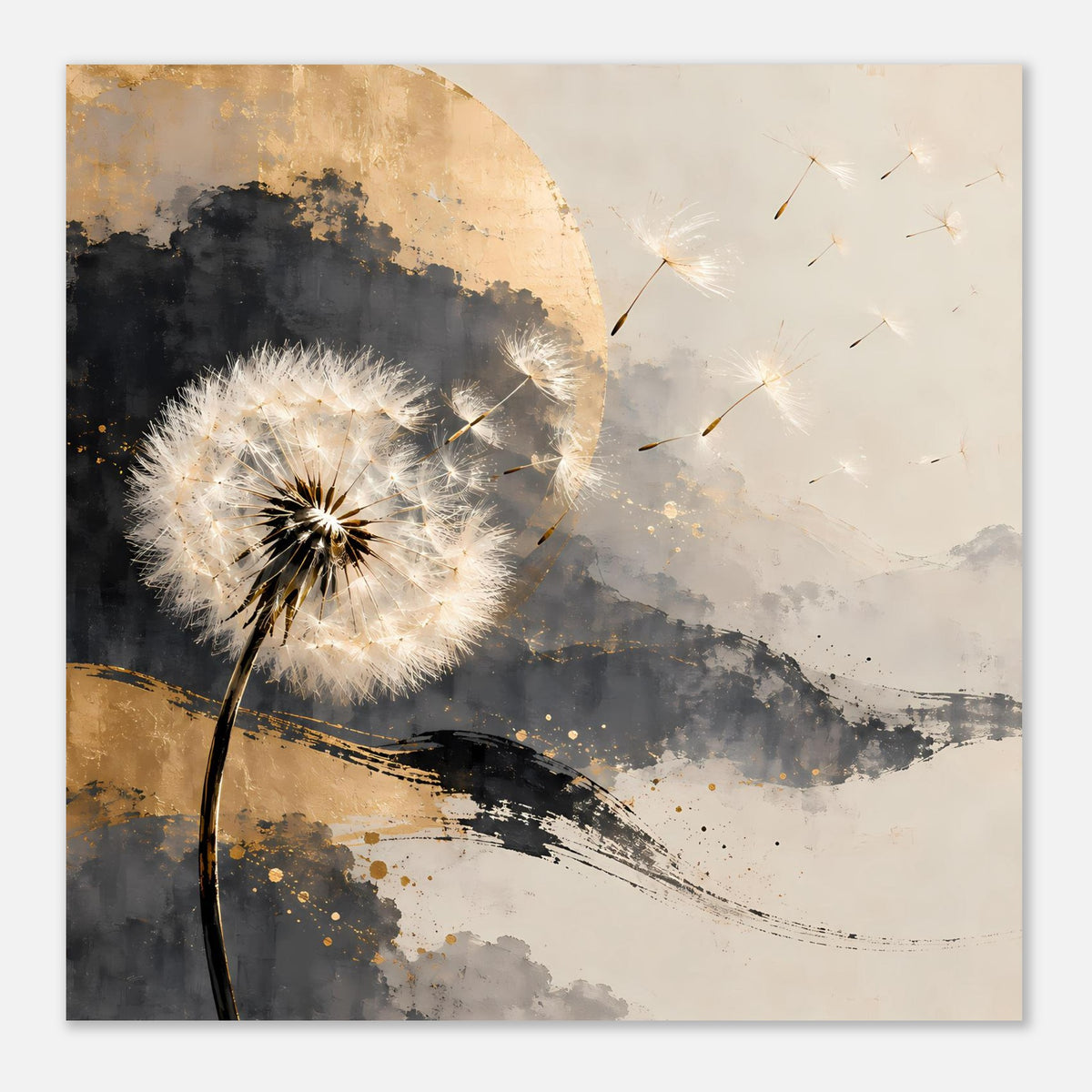 Kunstposter mit Pusteblume, goldene Fläche, graue Halbmondlinie, einzelne Samen