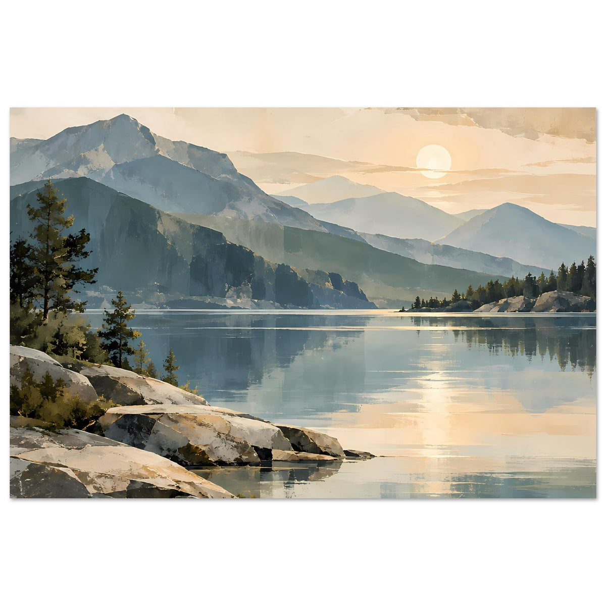Horizontales Poster: Landschaft mit Bergen und See, sanfte Sonnenaufgangstöne, Felsen am Ufer.