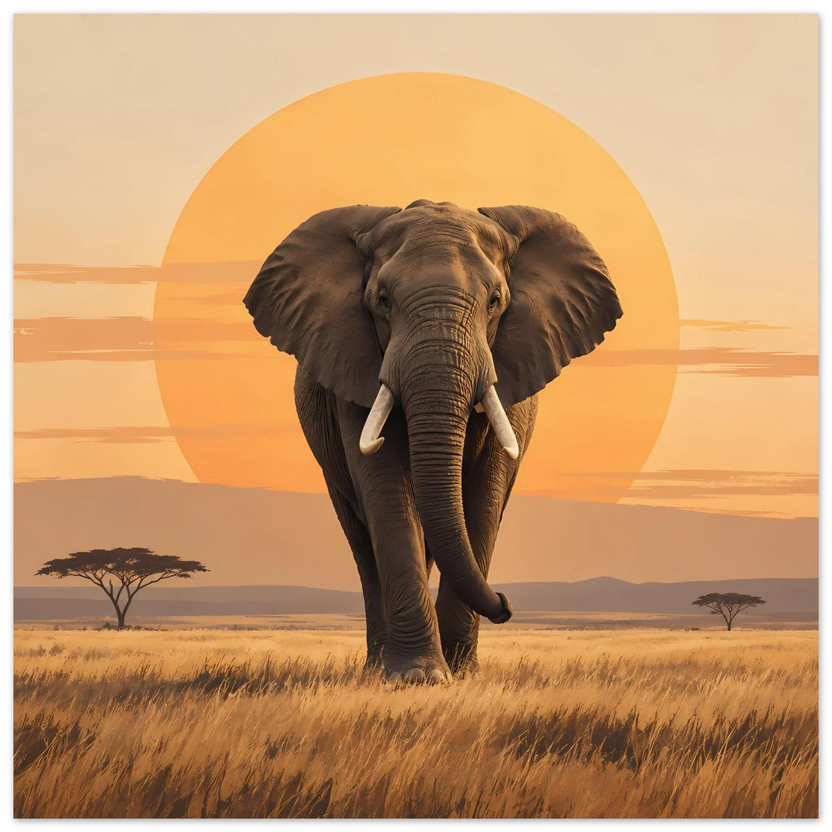 Poster mit Elefant in Braun vor Sonnenuntergangslandschaft, rundes orange Licht