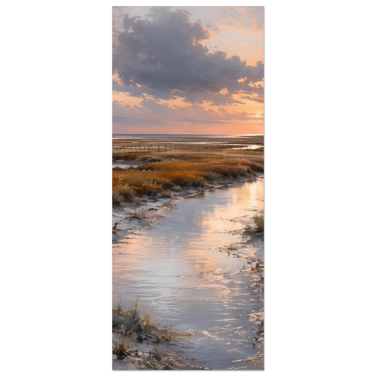 Vertikales Poster mit Wasserlauf durch Dünen und Leuchtturm am Horizont bei Sonnenuntergang