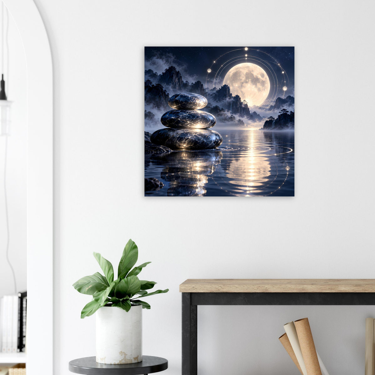 Zen-Poster mit Mond über Felslandschaft, Stapelsteinen und spiegelndem Wasser