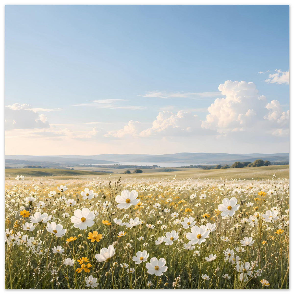 Poster mit Wiesenblumen und weißen Gänseblümchen im Blumenfeld unter blauem Himmel